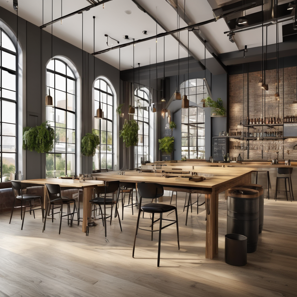 Modern brewery restaurant office environment with professional workspace and natural lighting