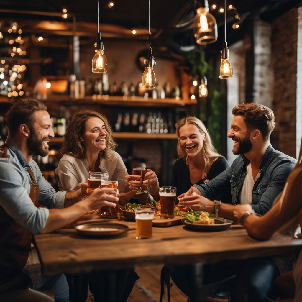 Friends enjoying pizza and craft beverages